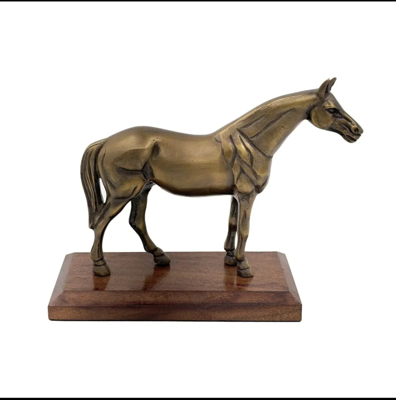 Antiqued Brass Horse on Wood Stand — additional view