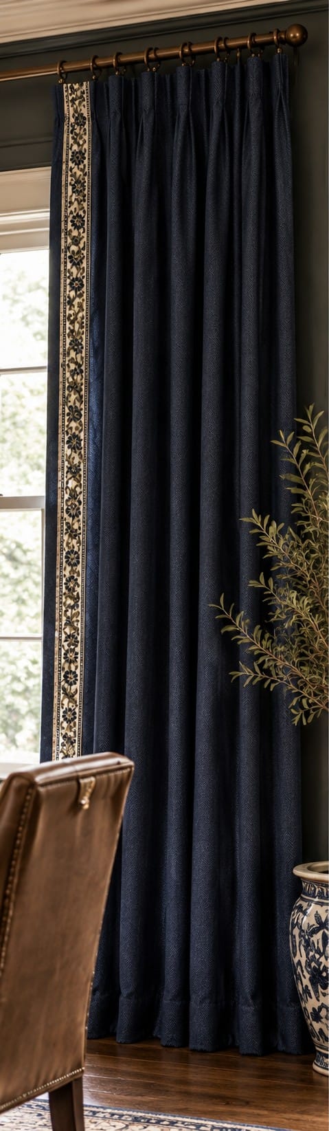 Navy Herringbone Drapery Panels with Heritage Border, Pair