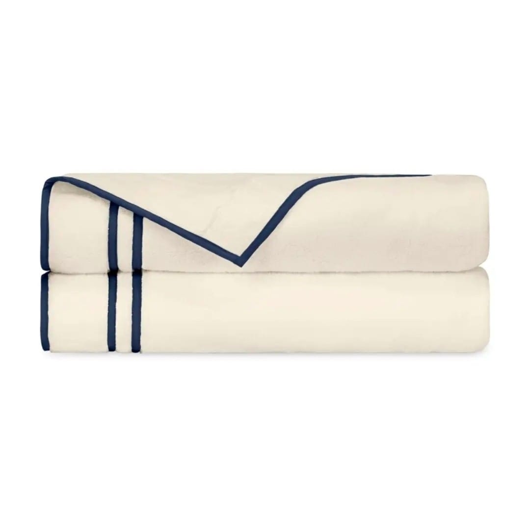 Ivory & Navy Ribbon-Border Bath Towel